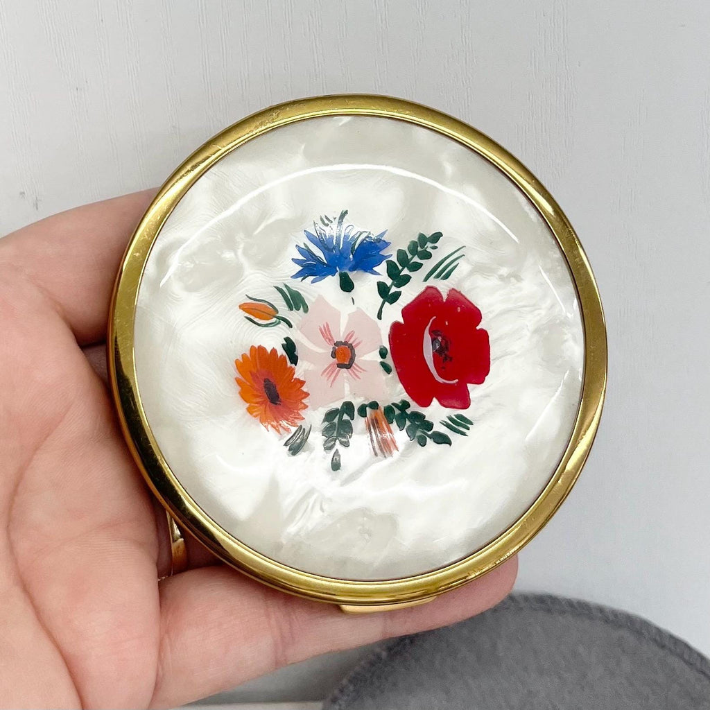 Vintage Compact Gold Tone Mother of Pearl Effect Floral Design with Mirror, Engine Turned Back & Pouch MillyOliverVintage