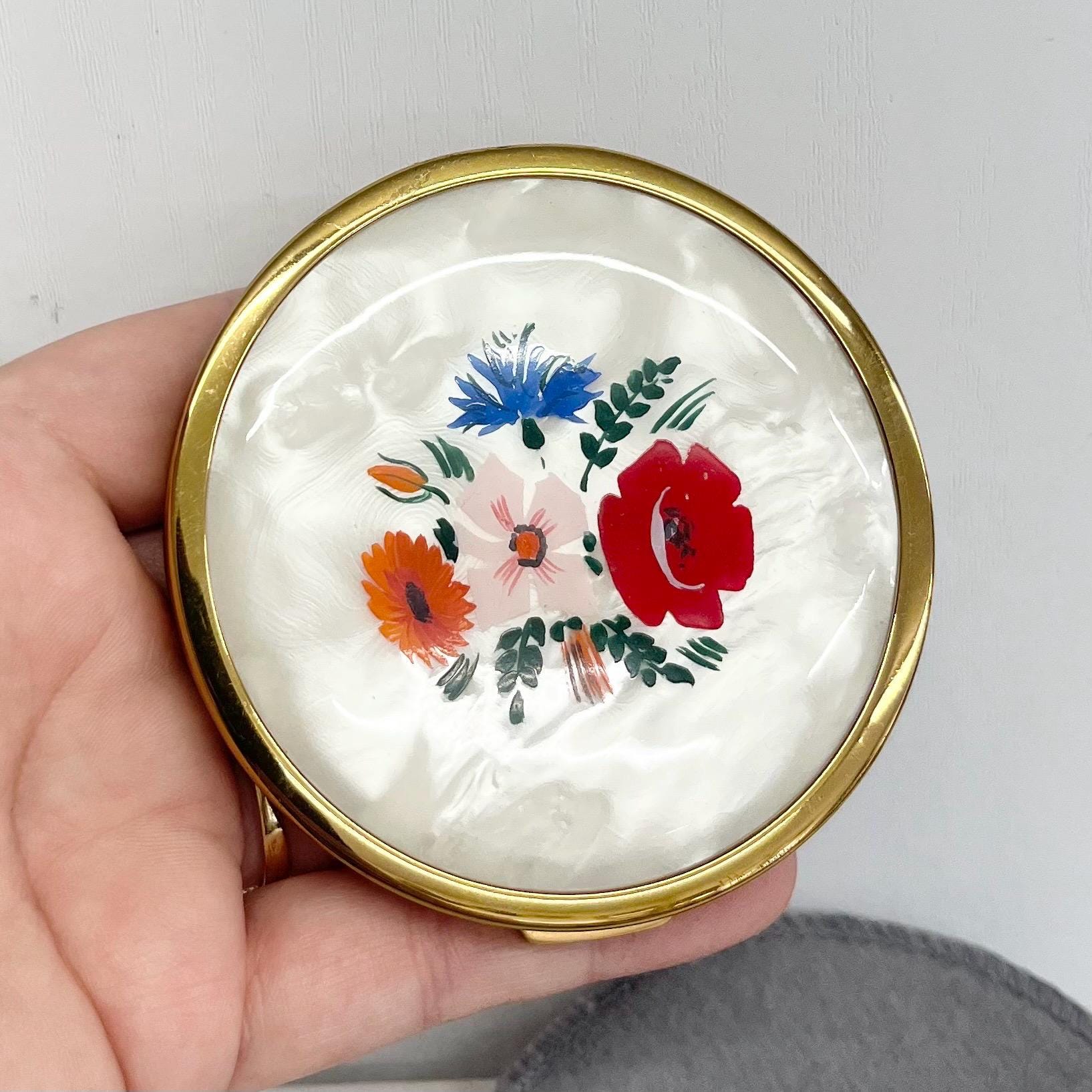 Vintage Compact Gold Tone Mother of Pearl Effect Floral Design with Mirror, Engine Turned Back & Pouch MillyOliverVintage