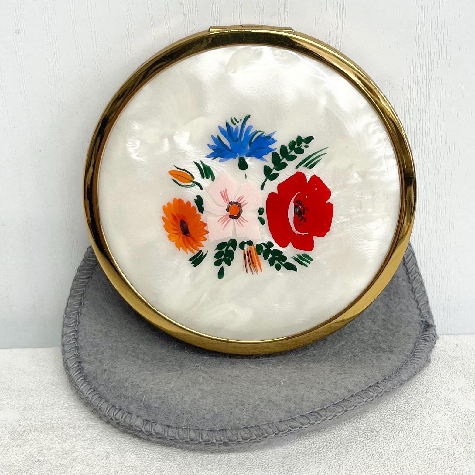 Vintage Compact Gold Tone Mother of Pearl Effect Floral Design with Mirror, Engine Turned Back & Pouch MillyOliverVintage
