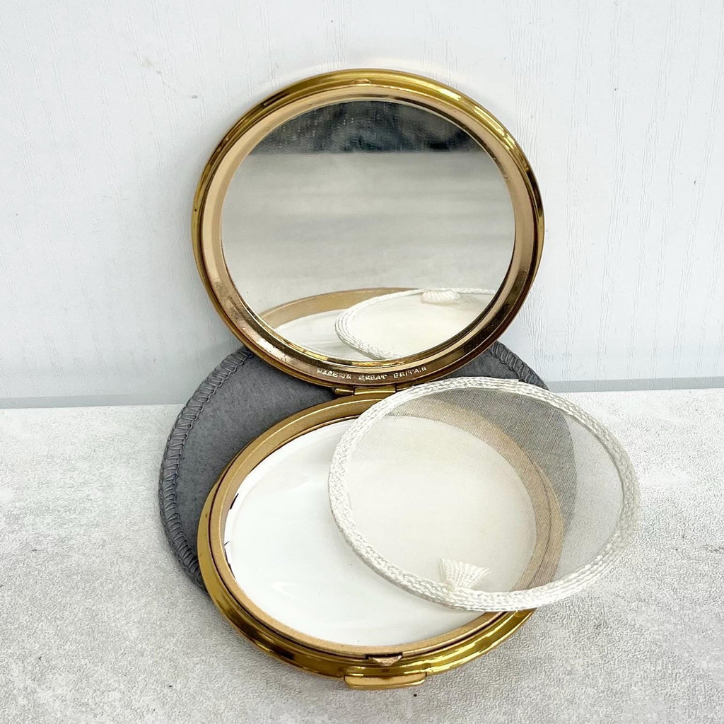 Vintage Compact Gold Tone Mother of Pearl Effect Floral Design with Mirror, Engine Turned Back & Pouch MillyOliverVintage
