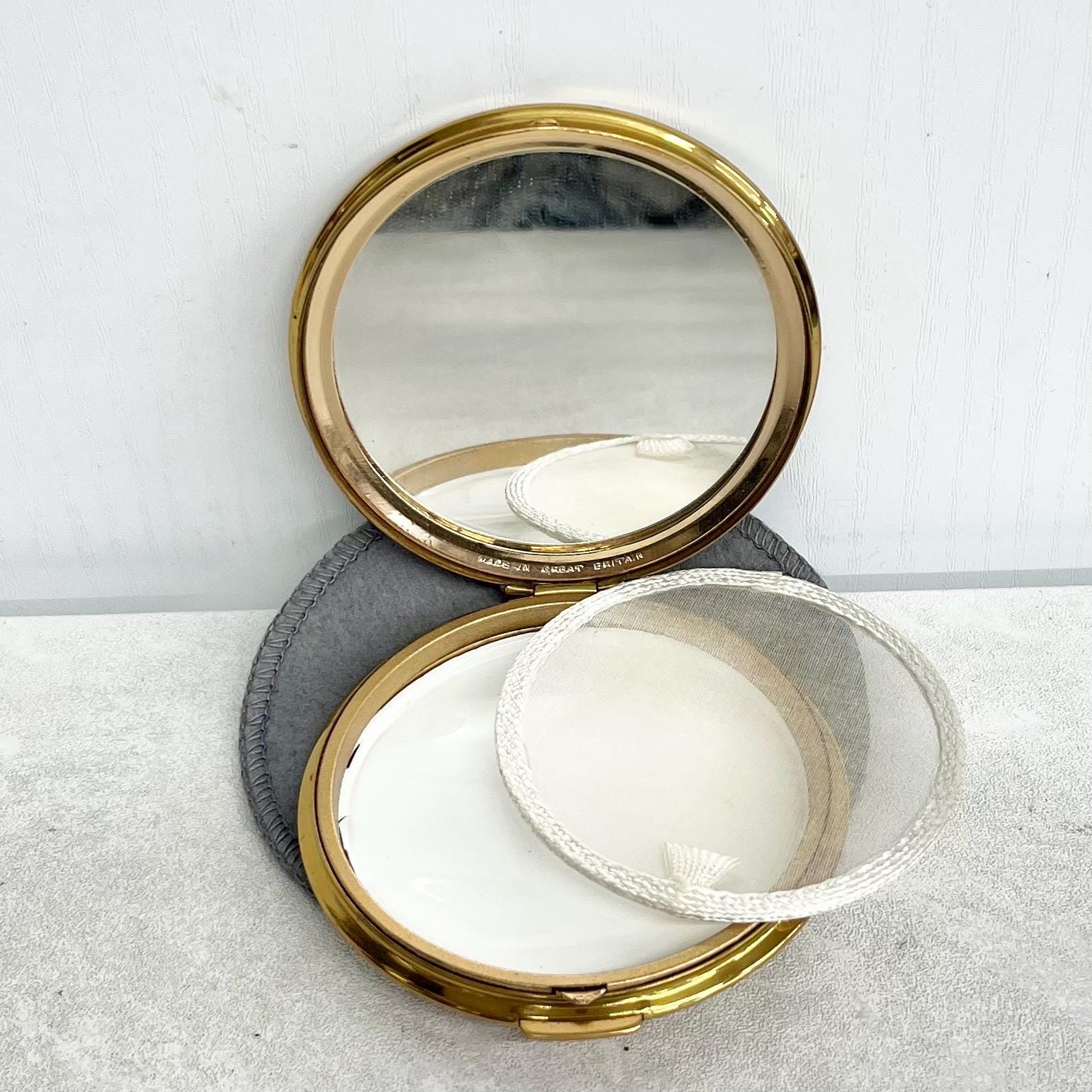 Vintage Compact Gold Tone Mother of Pearl Effect Floral Design with Mirror, Engine Turned Back & Pouch MillyOliverVintage