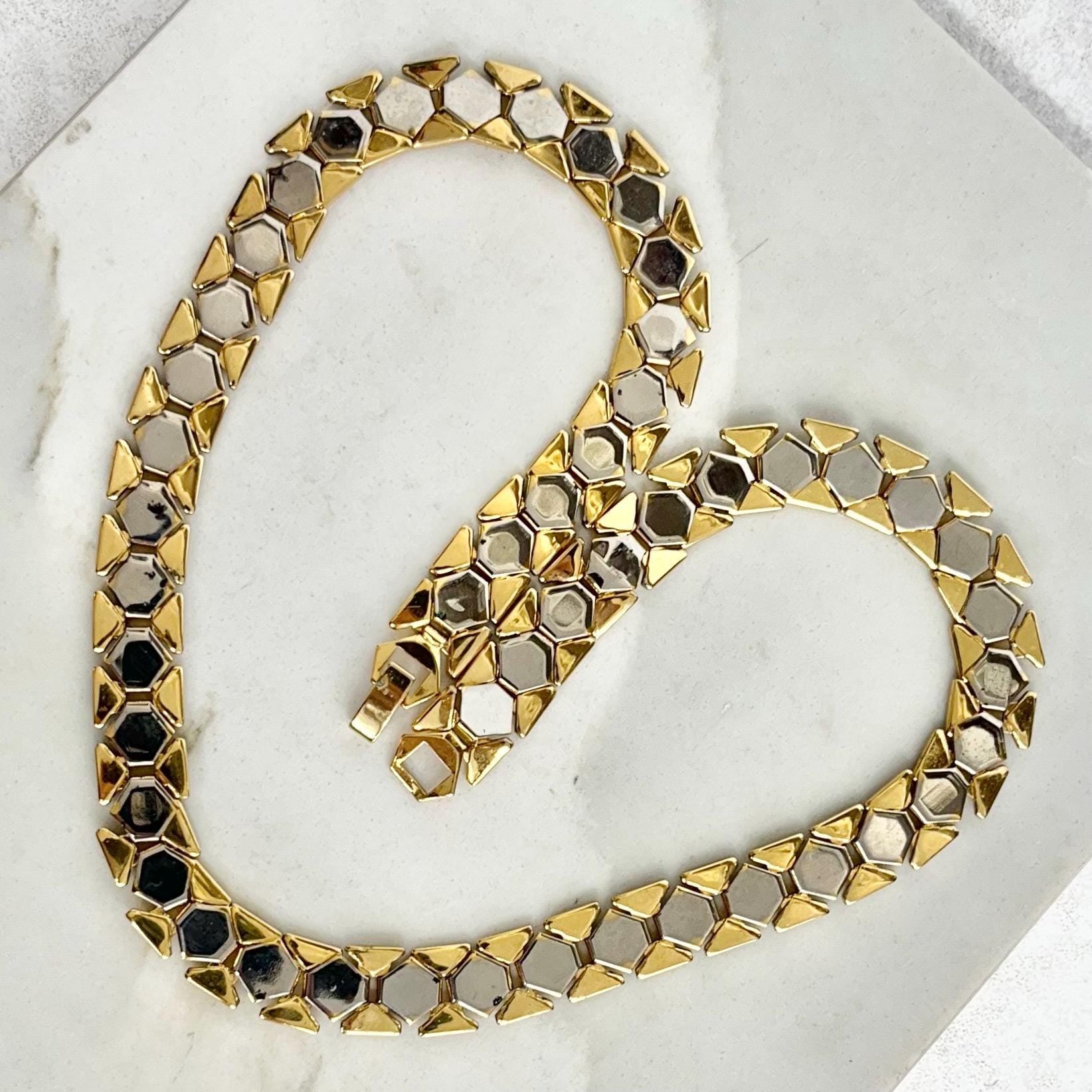 Vintage Gold & Silver Plate Flat Geometric Link Chain Necklace 17.5” MillyOliverVintage