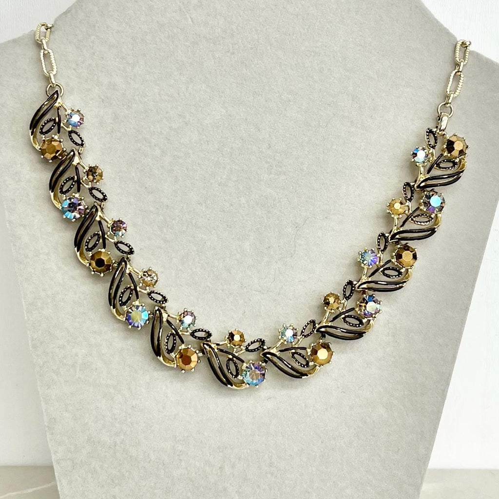 Vintage Brown Diamante Crystal Collar Necklace - Gold Tone with Black Enamel Accents, 1960s MillyOliverVintage