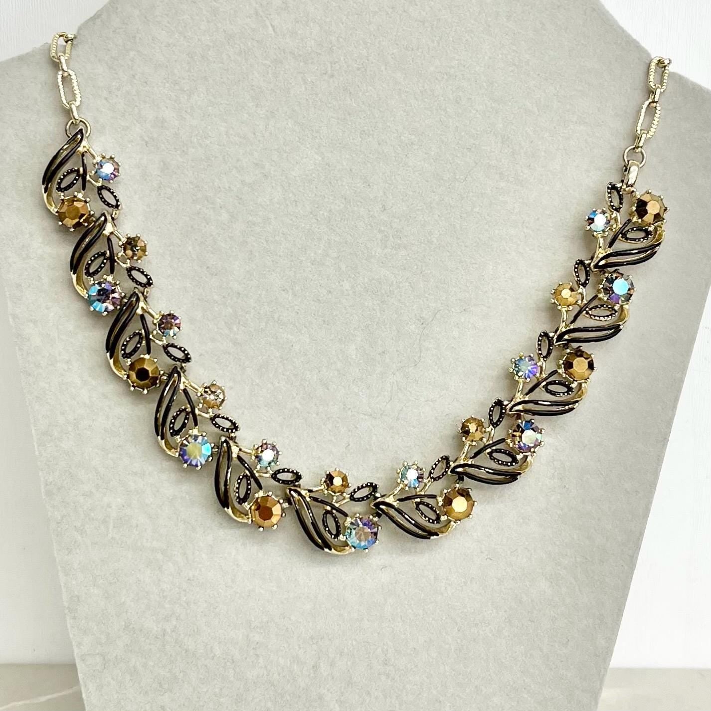 Vintage Brown Diamante Crystal Collar Necklace - Gold Tone with Black Enamel Accents, 1960s MillyOliverVintage
