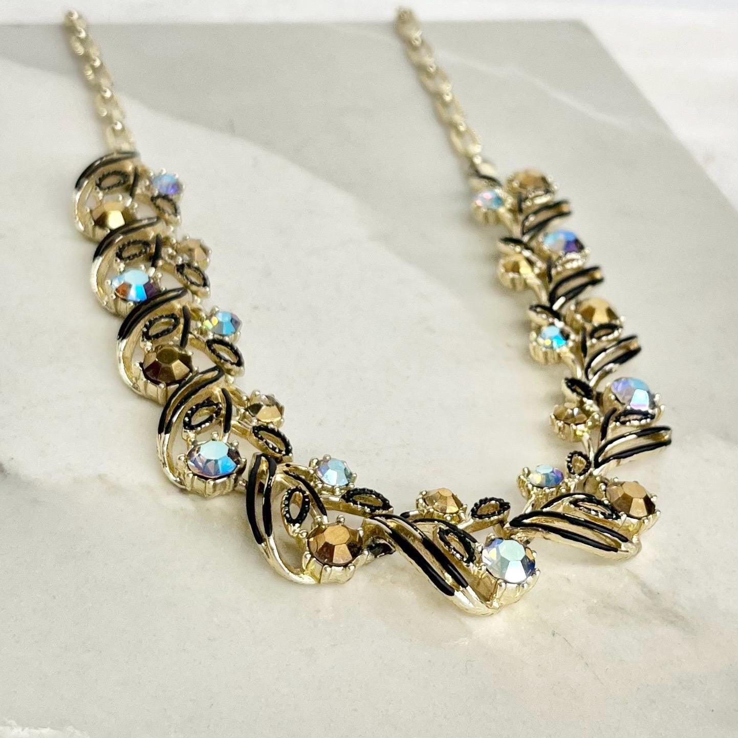 Vintage Brown Diamante Crystal Collar Necklace - Gold Tone with Black Enamel Accents, 1960s MillyOliverVintage