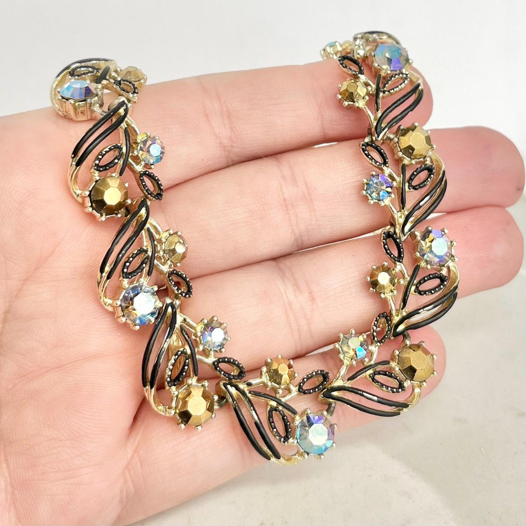 Vintage Brown Diamante Crystal Collar Necklace - Gold Tone with Black Enamel Accents, 1960s MillyOliverVintage