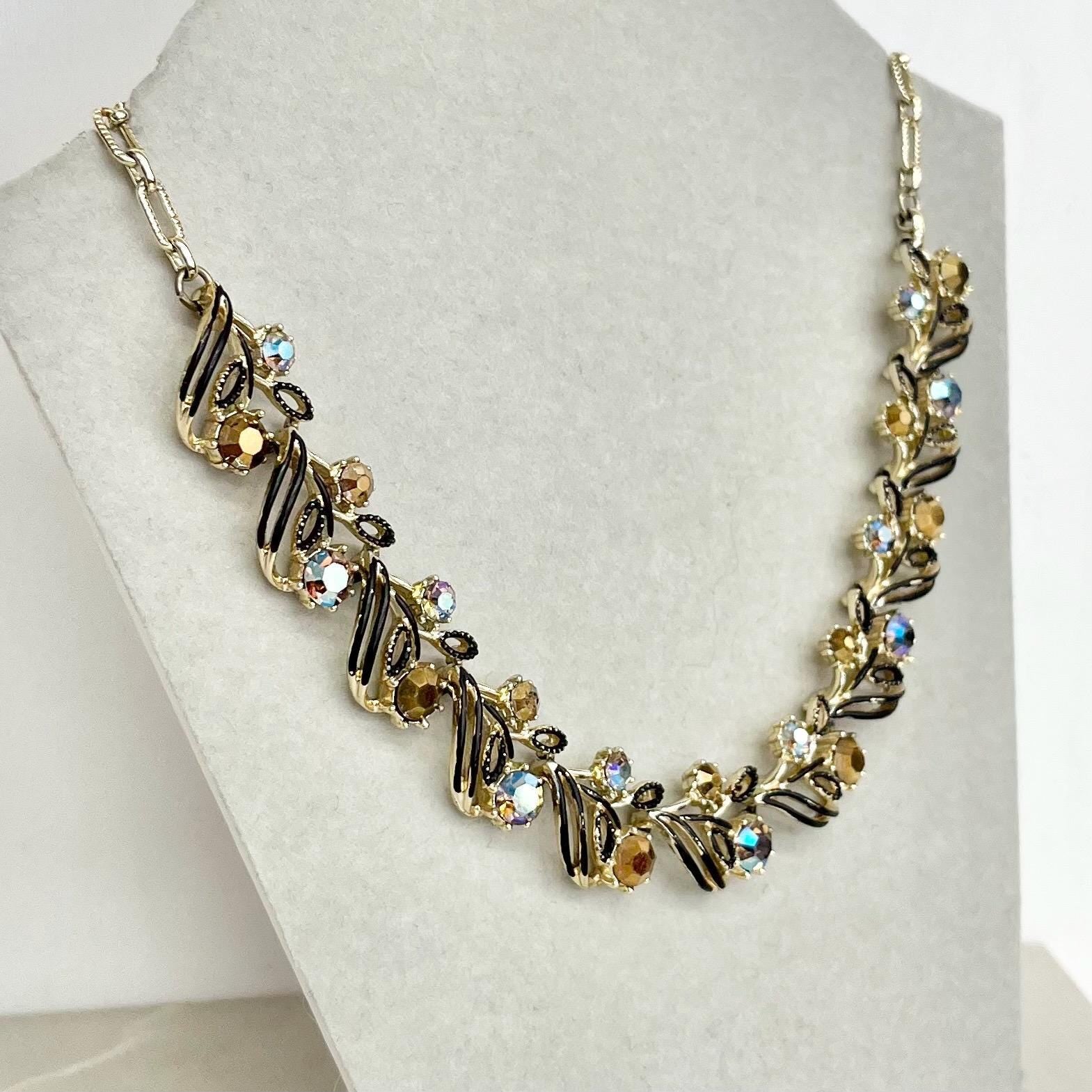 Vintage Brown Diamante Crystal Collar Necklace - Gold Tone with Black Enamel Accents, 1960s MillyOliverVintage