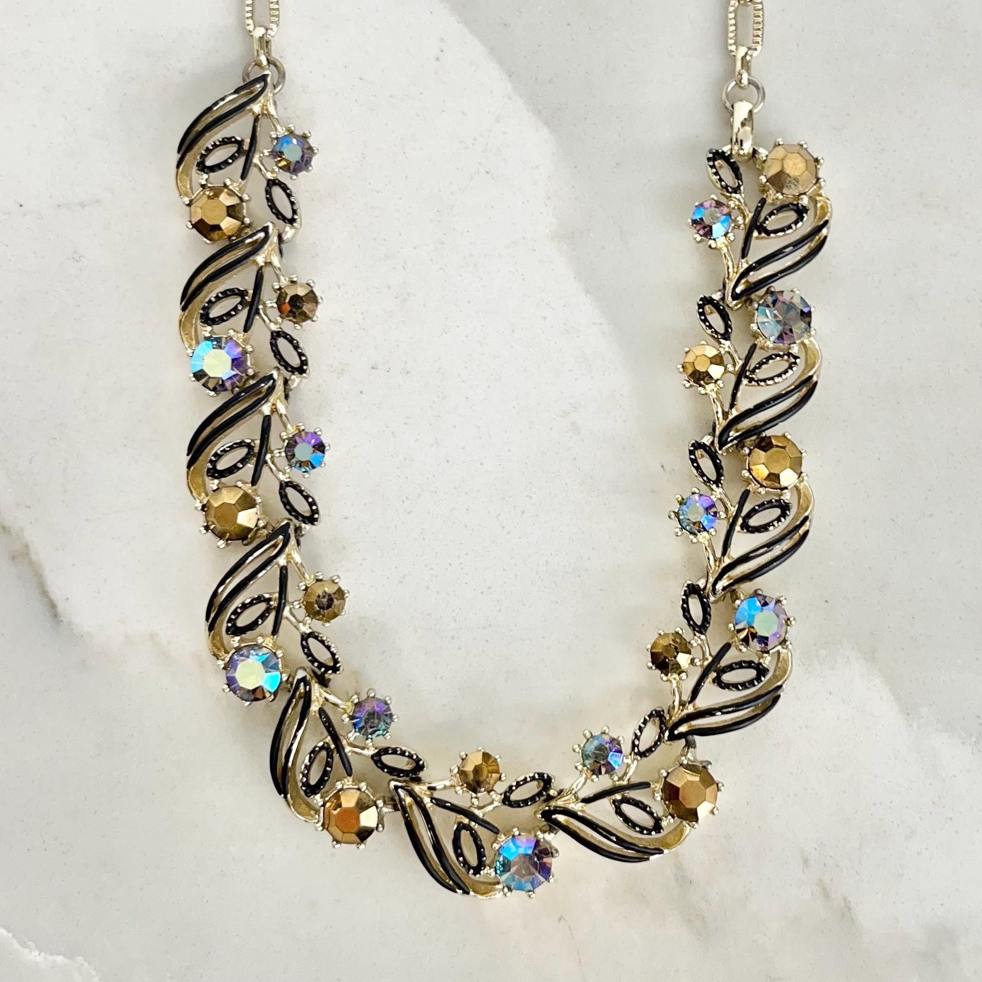 Vintage Brown Diamante Crystal Collar Necklace - Gold Tone with Black Enamel Accents, 1960s MillyOliverVintage