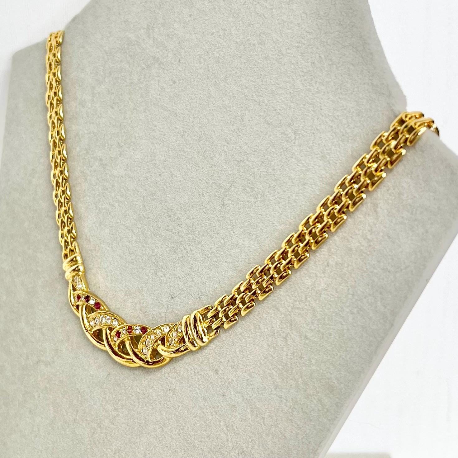 Red Clear Diamante Crystal Gold Plated Panther Chain Necklace : Vintage 1980’s - 1990’s Statement Power Chain 18” MillyOliverVintage