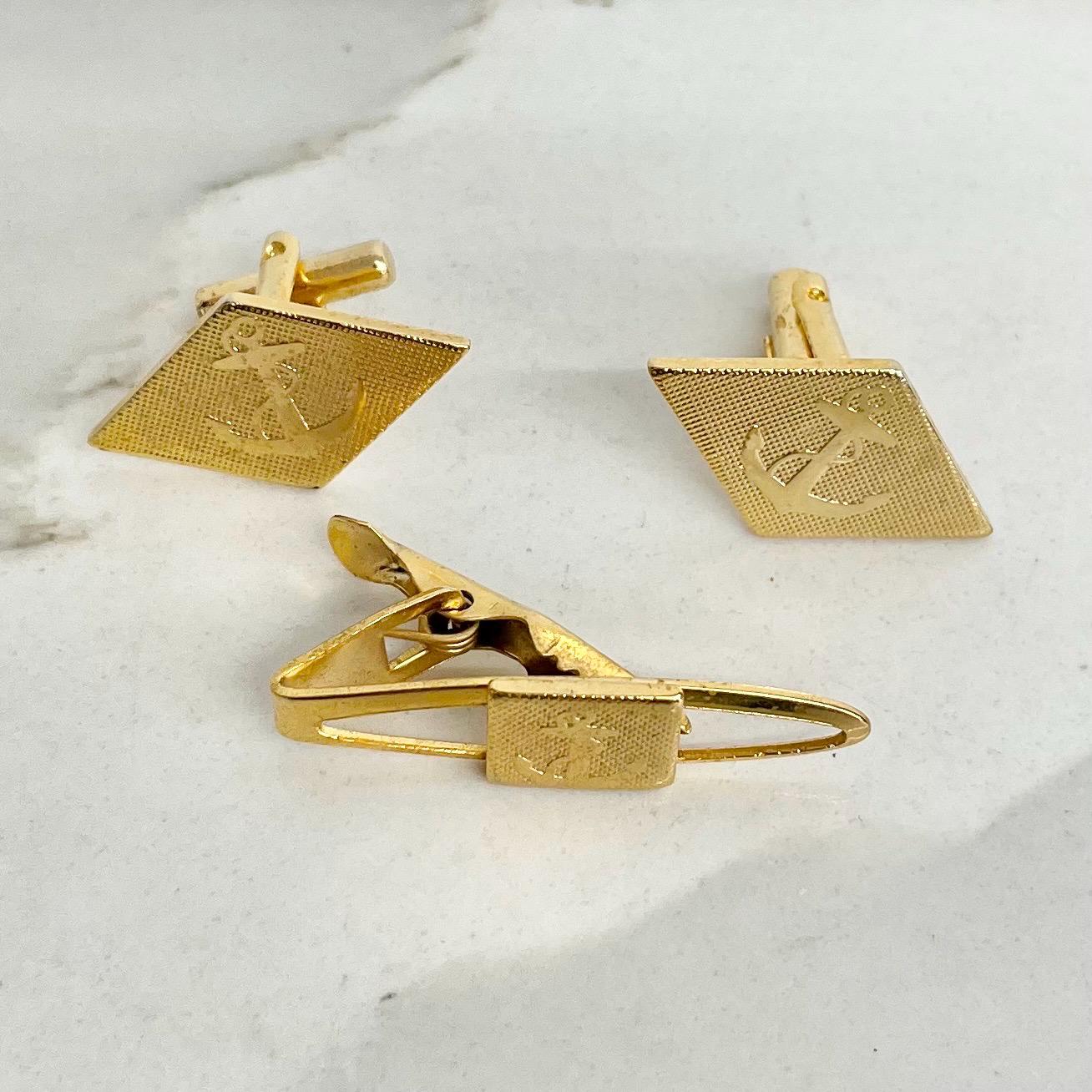 Vintage Gold Plated Anchor Cufflinks and Tie Pin : The Tailored Look for Men Sailor Themed MillyOliverVintage