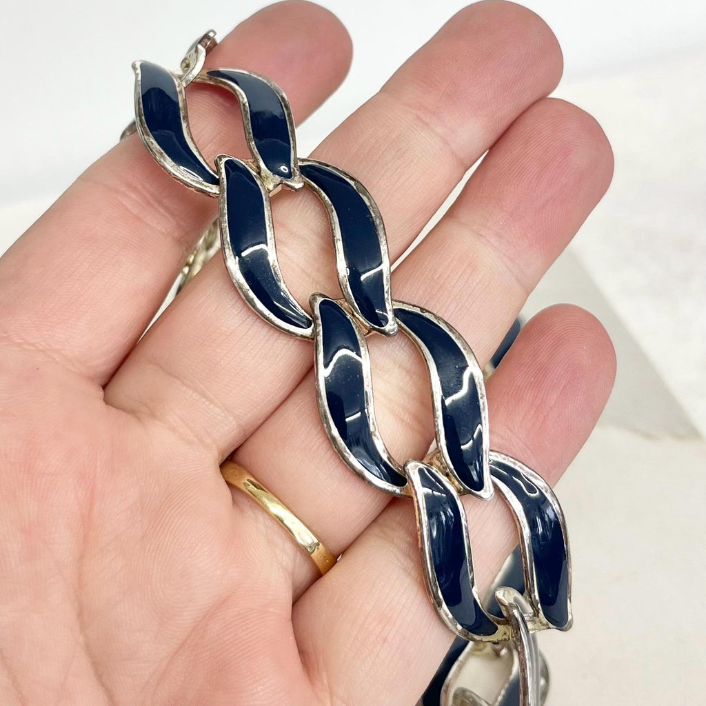 Navy Blue Enamelled Napier Collar Necklace Silver Plate 1970’s - 1980’s Statement Power Chain 16” with a 3” Extender Chain MillyOliverVintage