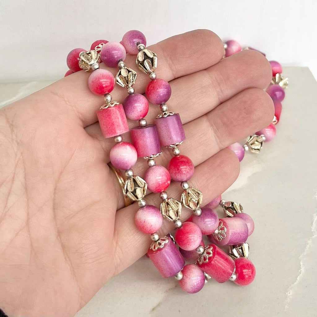 Three Strand Pink & Purple Acrylic Plastic Bead Necklace 18” Long with a 3” Extender MillyOliverVintage