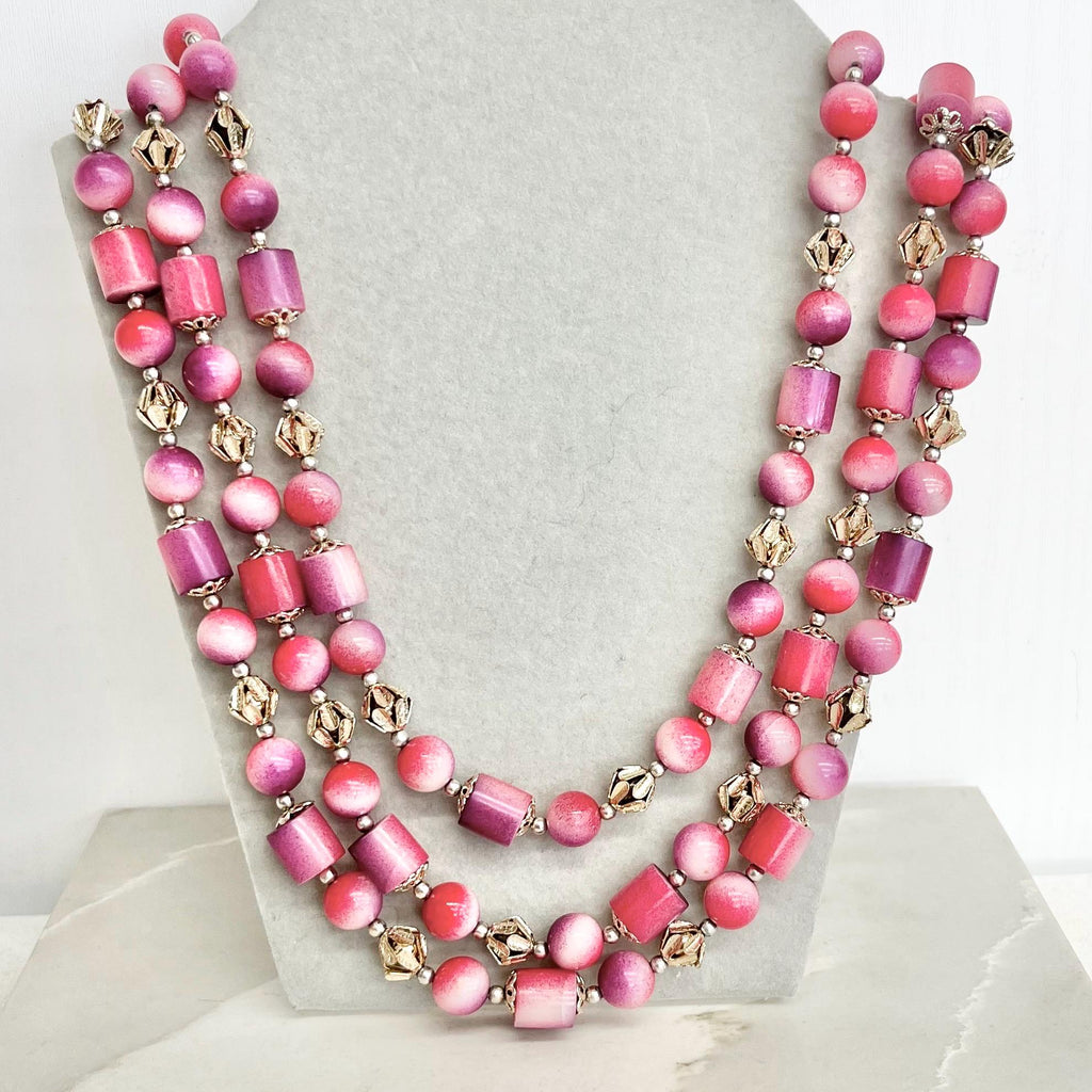 Three Strand Pink & Purple Acrylic Plastic Bead Necklace 18” Long with a 3” Extender MillyOliverVintage