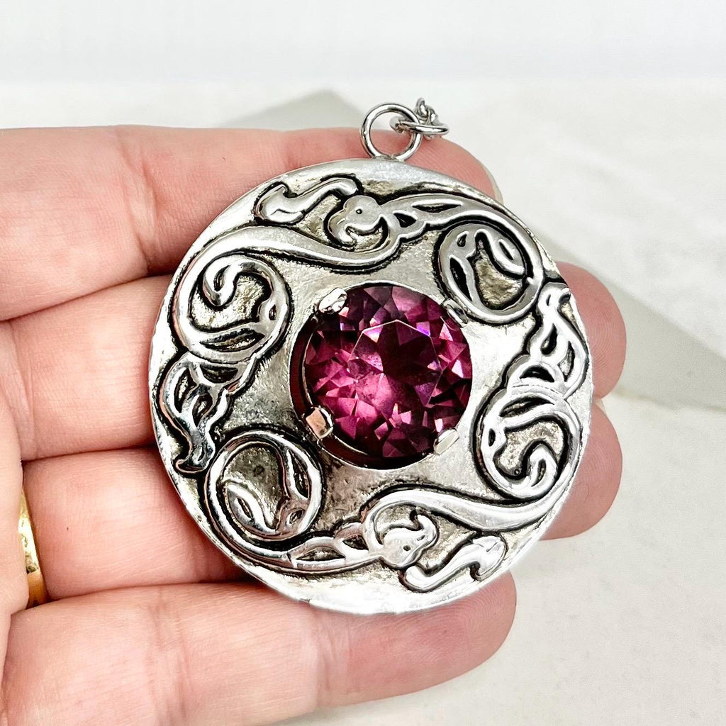 Large Celtic Pendant - Vintage CJ Scotland Dilver Tone with a Huge Amethyst Crystal Centre 30” Long Chain MillyOliverVintage