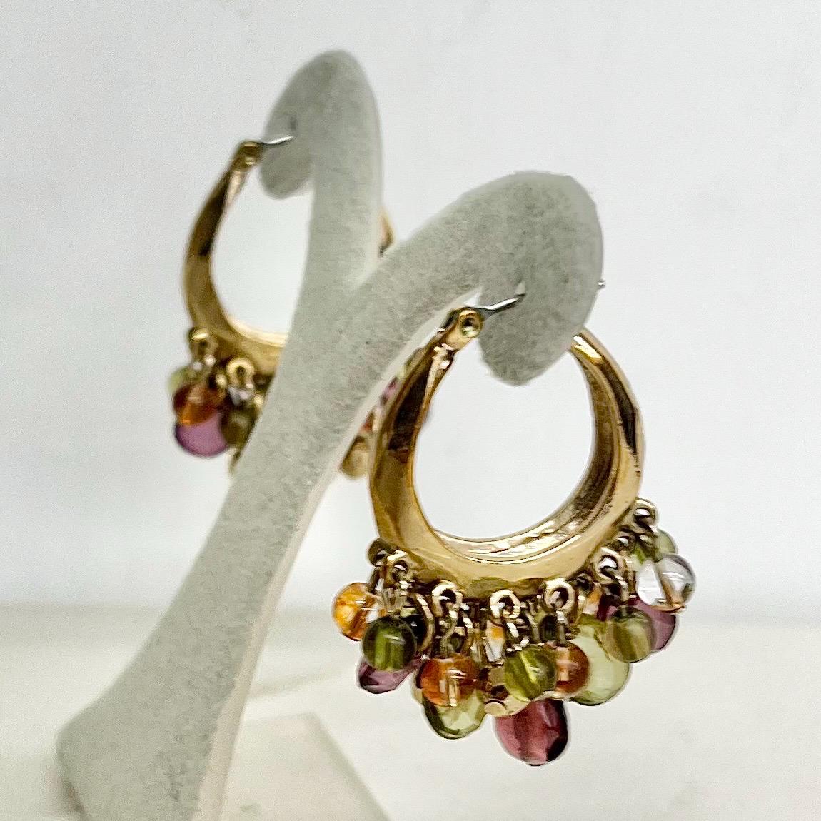 Liz Claiborne Bead Drop Hoop Earrings : Vintage Gold Plate with Bead Cluster Drops in Autumnal Tones MillyOliverVintage