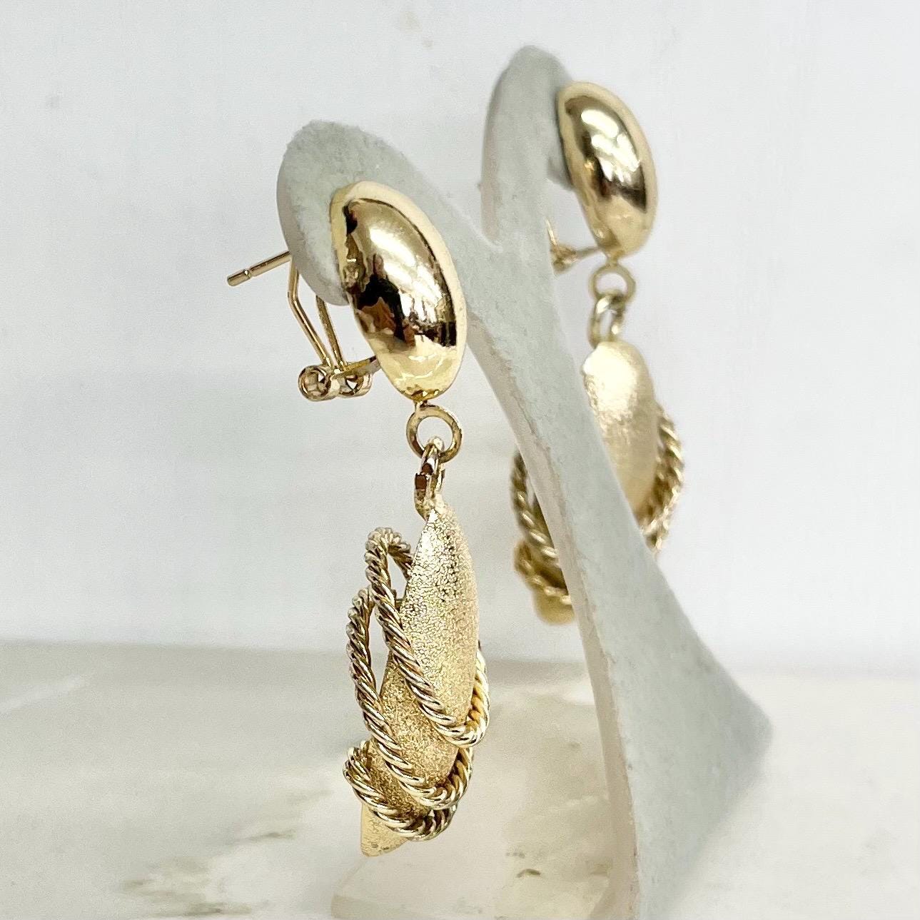 Oversized Vintage Gold Tone Drop Earrings for Pierced Ears : Textured Design with a Rope Twist Accent 1980’s - 1990’s MillyOliverVintage