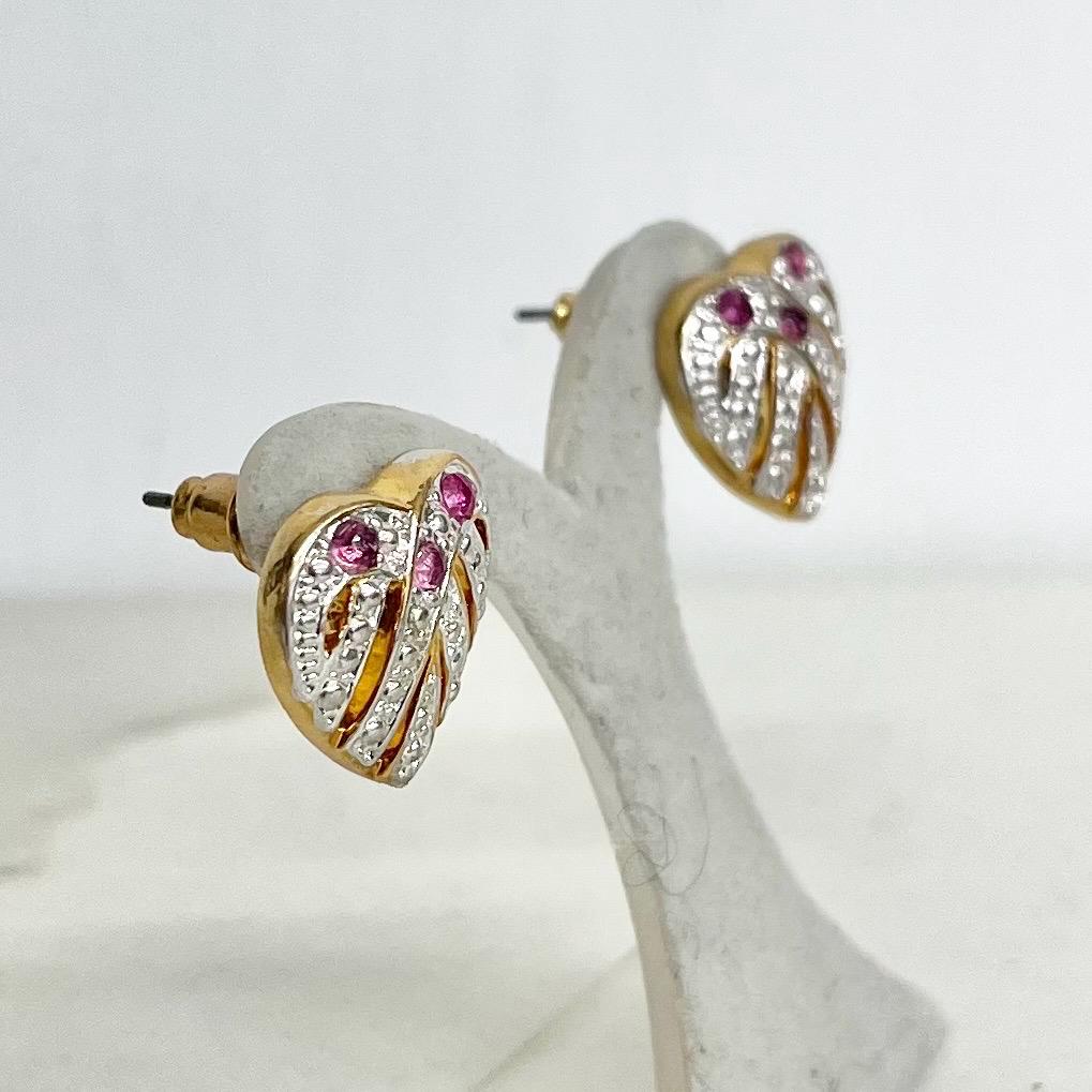 Filigree Heart Earrings for Pierced Ears : Vintage Gold Plate with Ruby Coloured Crystal Accents 1980’s 1990’s MillyOliverVintage