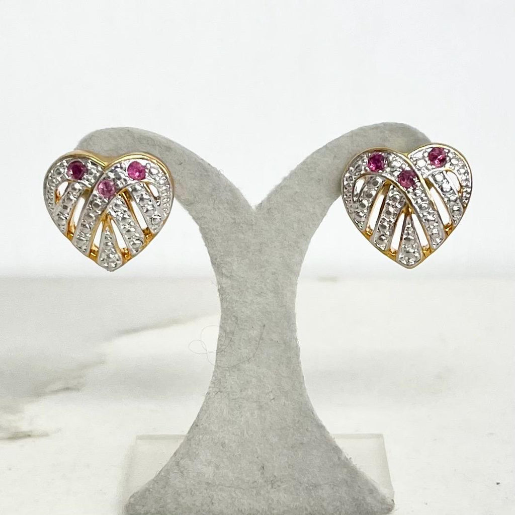 Filigree Heart Earrings for Pierced Ears : Vintage Gold Plate with Ruby Coloured Crystal Accents 1980’s 1990’s MillyOliverVintage