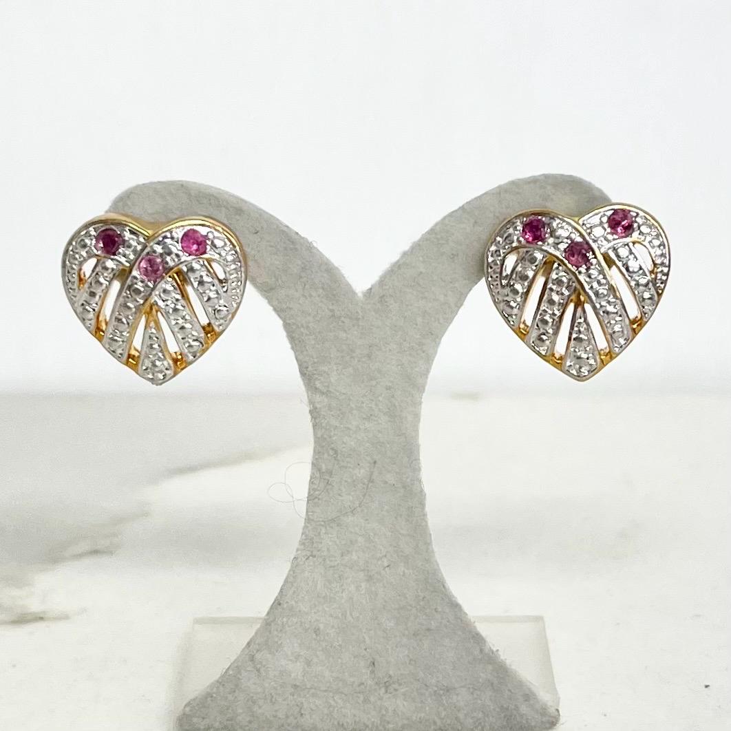 Filigree Heart Earrings for Pierced Ears : Vintage Gold Plate with Ruby Coloured Crystal Accents 1980’s 1990’s MillyOliverVintage