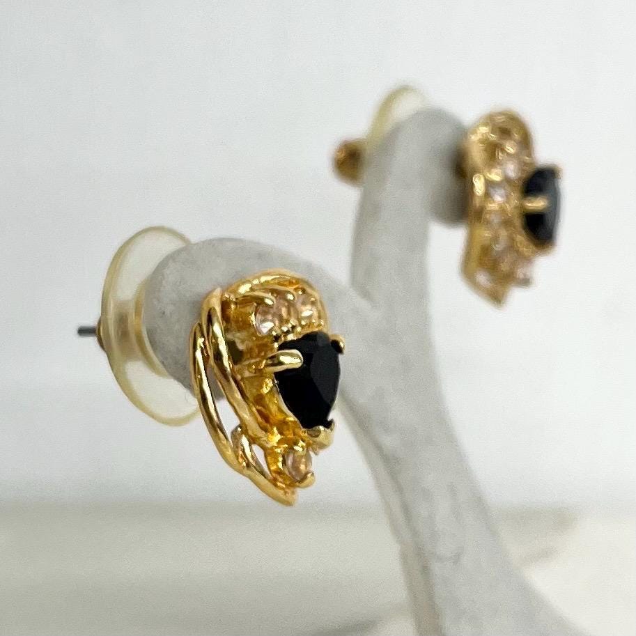 Filigree Heart Earrings for Pierced Ears : Vintage Gold Plate with Black and Clear Crystal Rhinestone Accents 1980’s 1990’s MillyOliverVintage