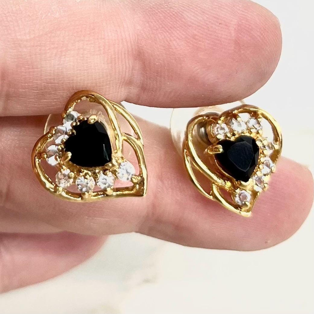 Filigree Heart Earrings for Pierced Ears : Vintage Gold Plate with Black and Clear Crystal Rhinestone Accents 1980’s 1990’s MillyOliverVintage