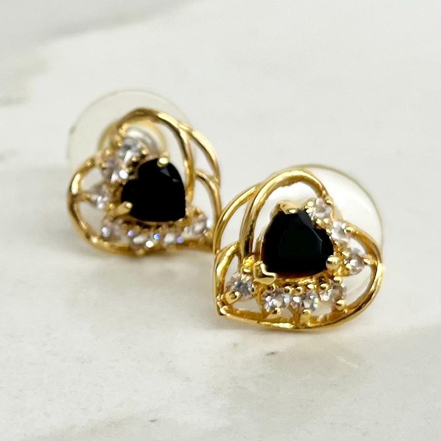 Filigree Heart Earrings for Pierced Ears : Vintage Gold Plate with Black and Clear Crystal Rhinestone Accents 1980’s 1990’s MillyOliverVintage