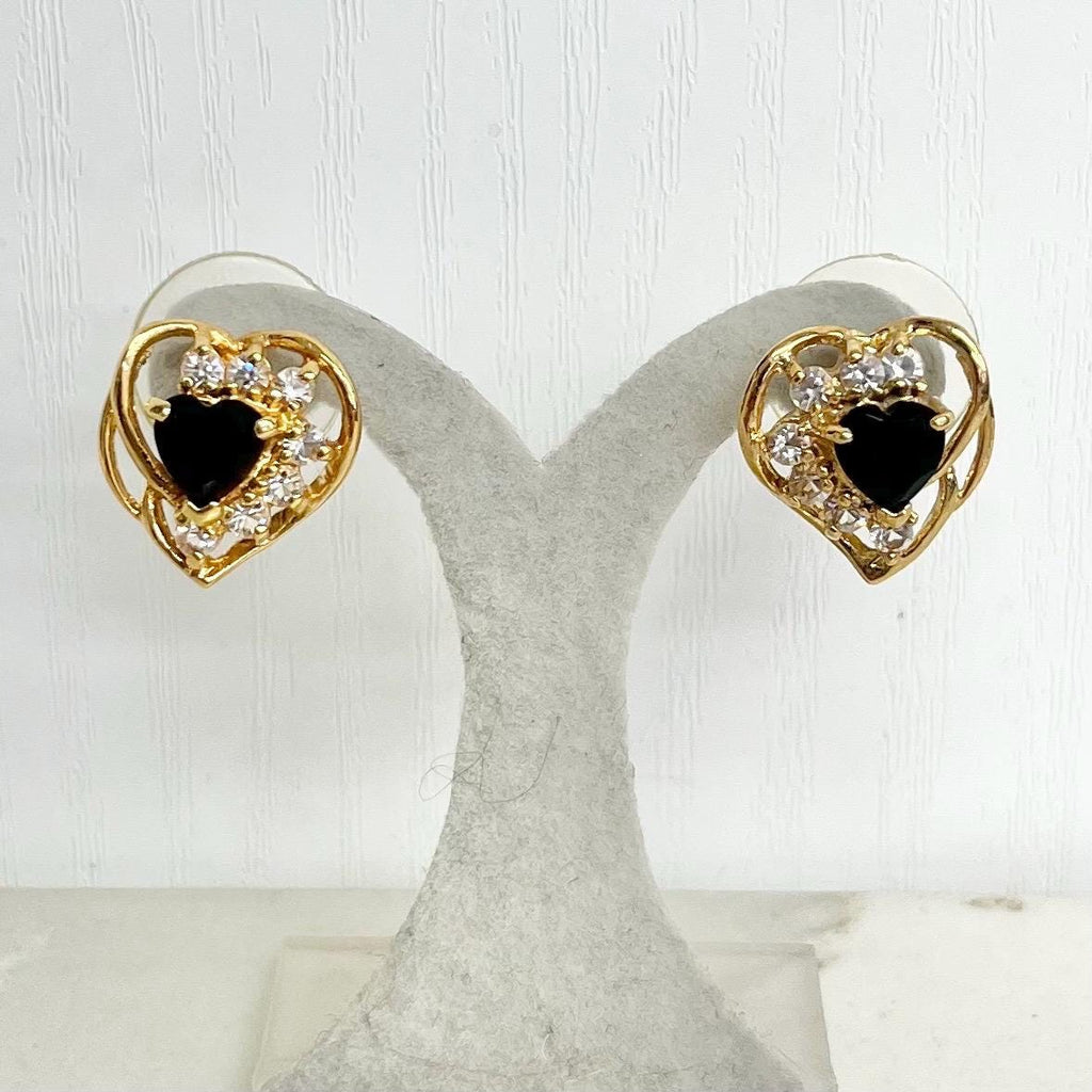 Filigree Heart Earrings for Pierced Ears : Vintage Gold Plate with Black and Clear Crystal Rhinestone Accents 1980’s 1990’s MillyOliverVintage