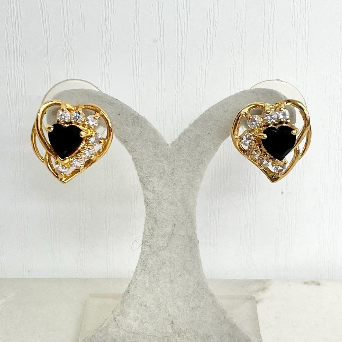 Filigree Heart Earrings for Pierced Ears : Vintage Gold Plate with Black and Clear Crystal Rhinestone Accents 1980’s 1990’s MillyOliverVintage