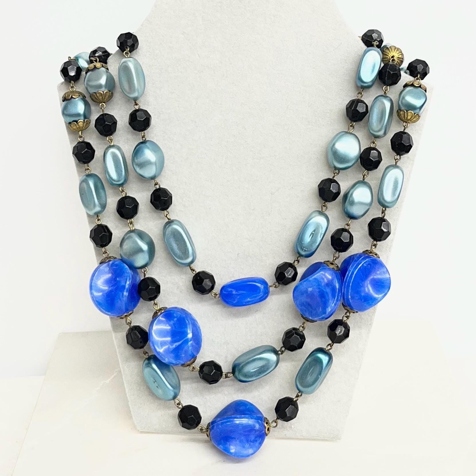 Multi Strand Blue Plastic Bead Necklace : Vintage Chunky Beads 17” Long Waterfall Design MillyOliverVintage