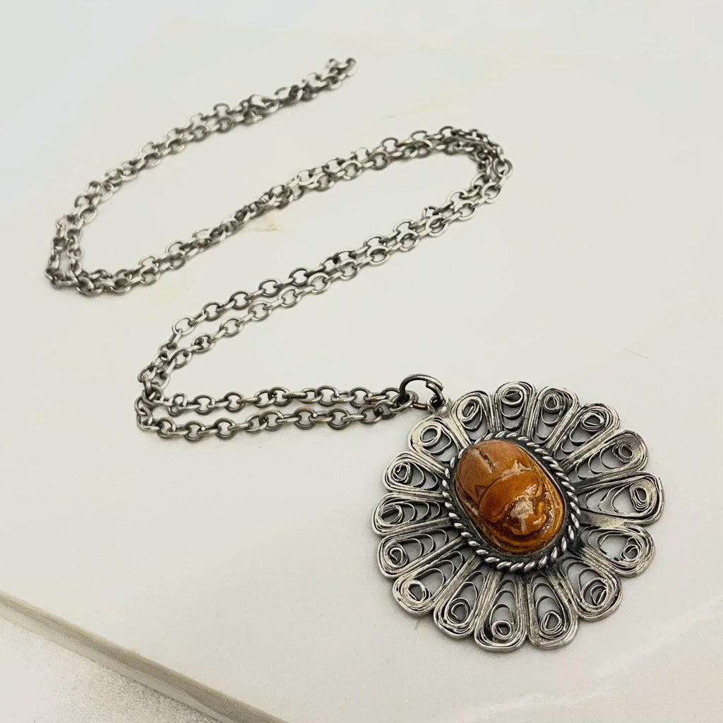 Large Egyptian Revival Pendant : Vintage Necklace with a Ceramic Scarab Beetle Cabochon Centre in a Filigree Setting 29” Long Chain MillyOliverVintage