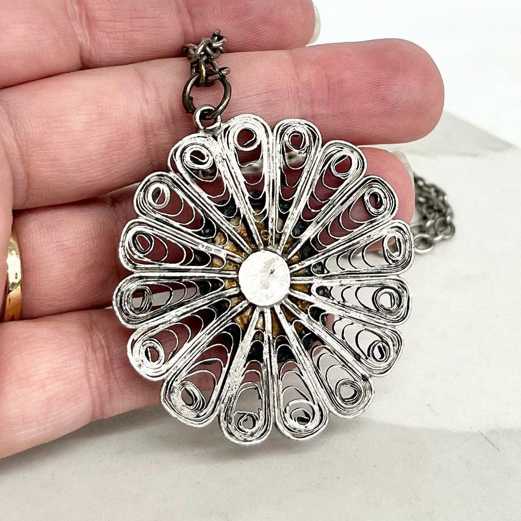 Large Egyptian Revival Pendant : Vintage Necklace with a Ceramic Scarab Beetle Cabochon Centre in a Filigree Setting 29” Long Chain MillyOliverVintage