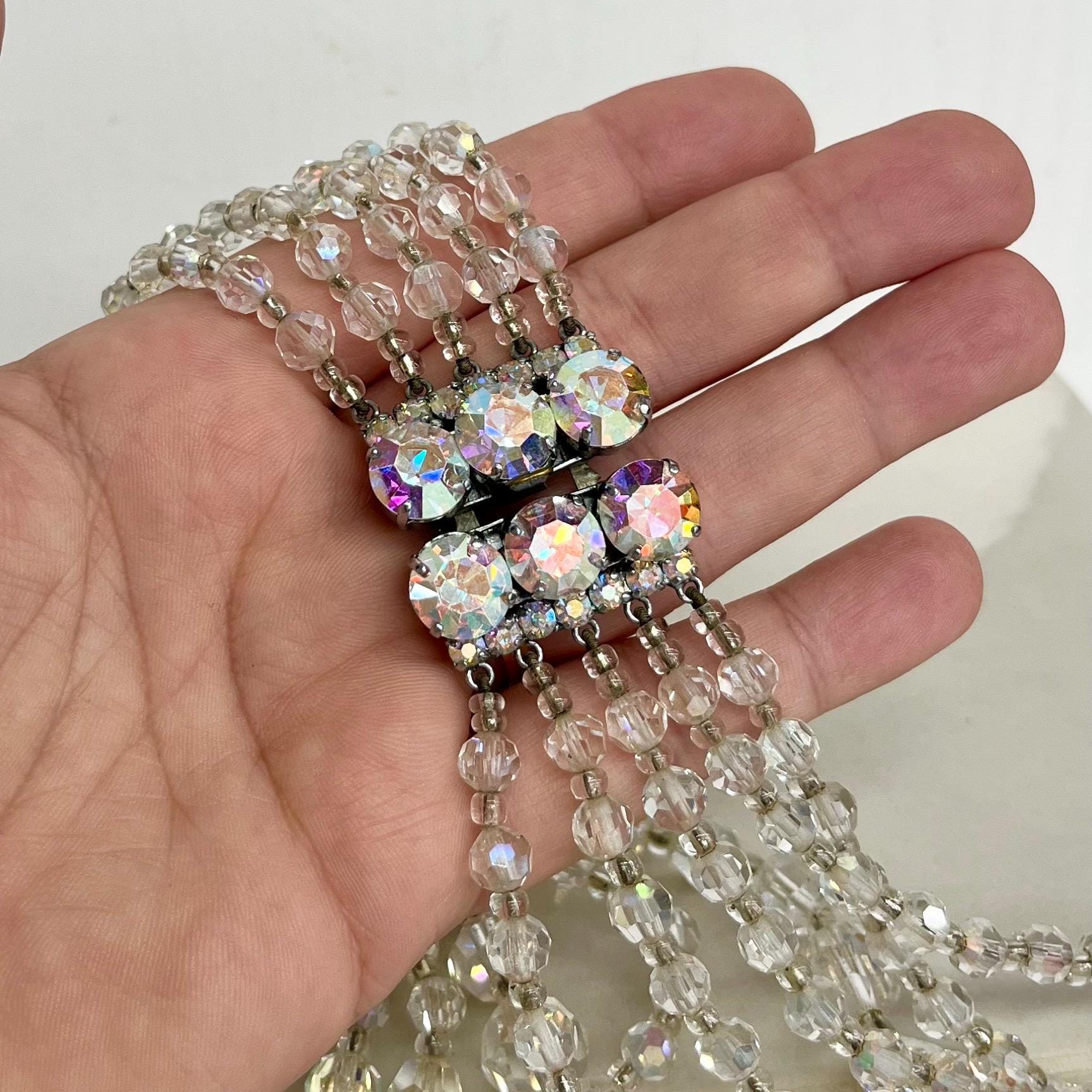 Vintage 1960’s Five Strand Crystal Bead Necklace : Aurora Borealis Draped Waterfall Design with Ornate Crystal Clasp MillyOliverVintage