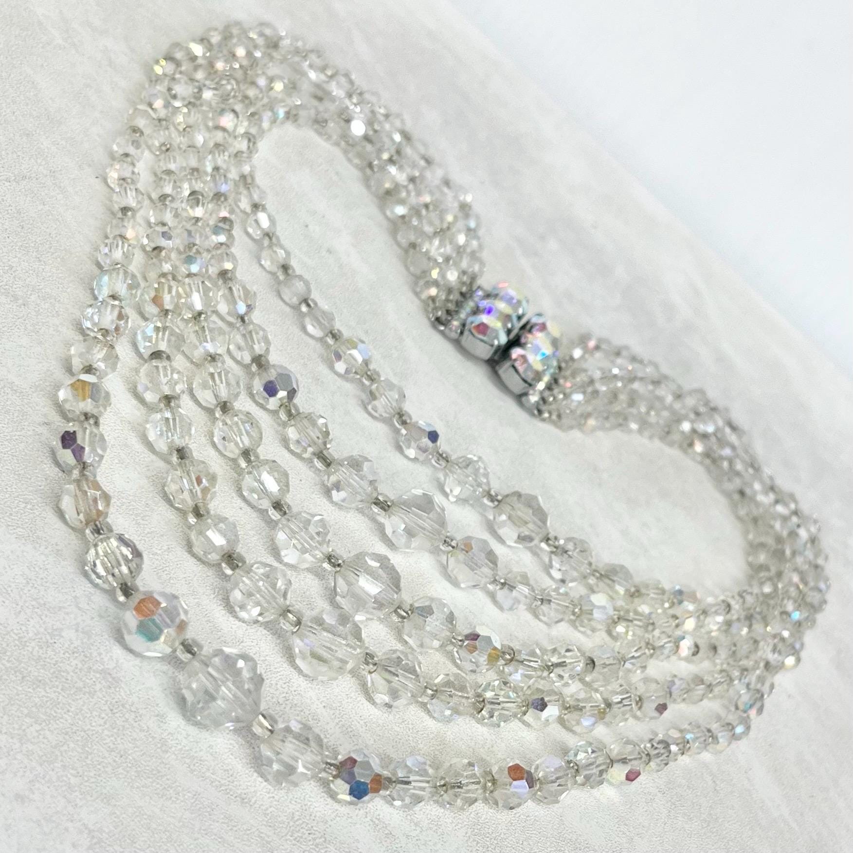 Vintage 1960’s Five Strand Crystal Bead Necklace : Aurora Borealis Draped Waterfall Design with Ornate Crystal Clasp MillyOliverVintage