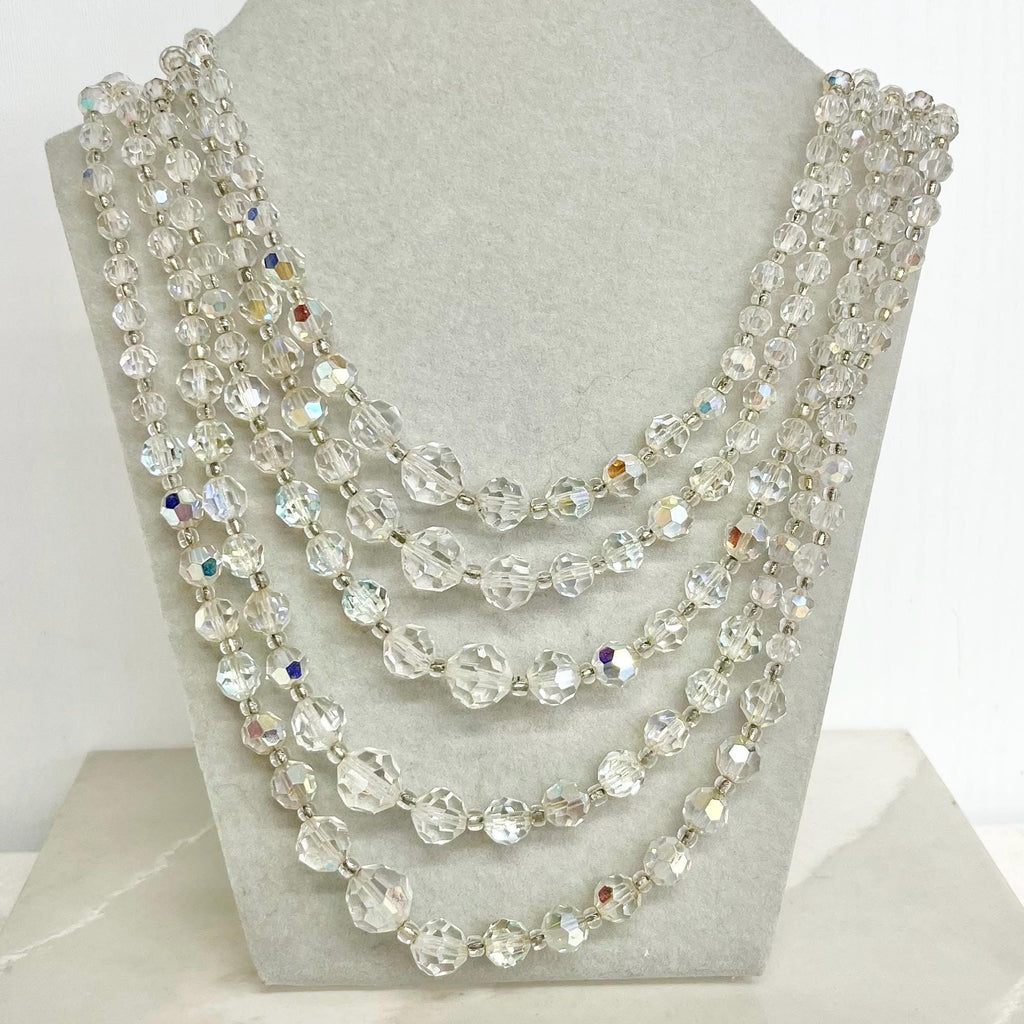 Vintage 1960’s Five Strand Crystal Bead Necklace : Aurora Borealis Draped Waterfall Design with Ornate Crystal Clasp MillyOliverVintage