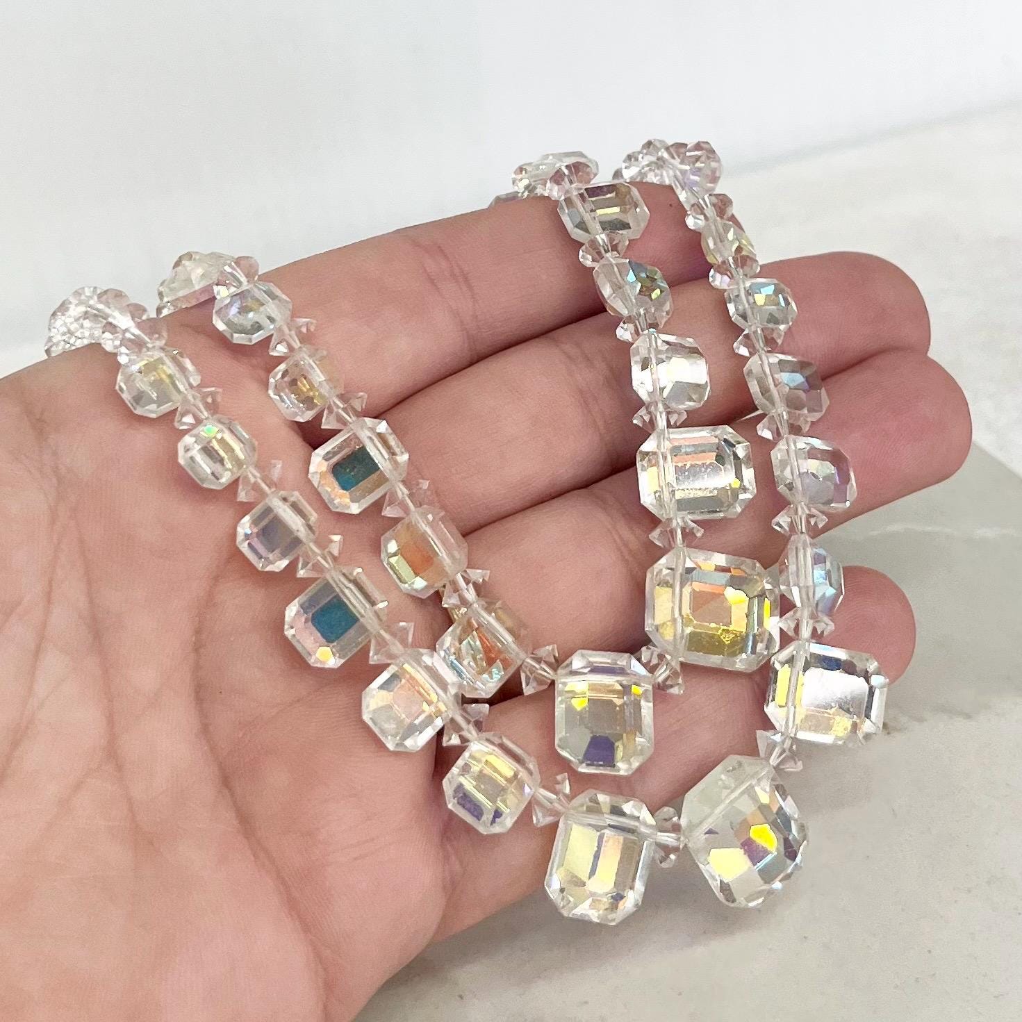 Vintage 1940’s Two Strand Crystal Bead Necklace : Aurora Borealis Draped Waterfall Design with Ornate Crystal Clasp MillyOliverVintage