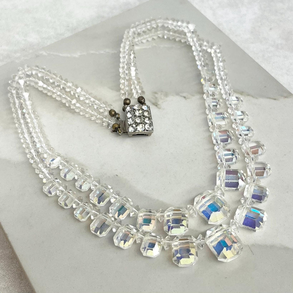 Vintage 1940’s Two Strand Crystal Bead Necklace : Aurora Borealis Draped Waterfall Design with Ornate Crystal Clasp MillyOliverVintage
