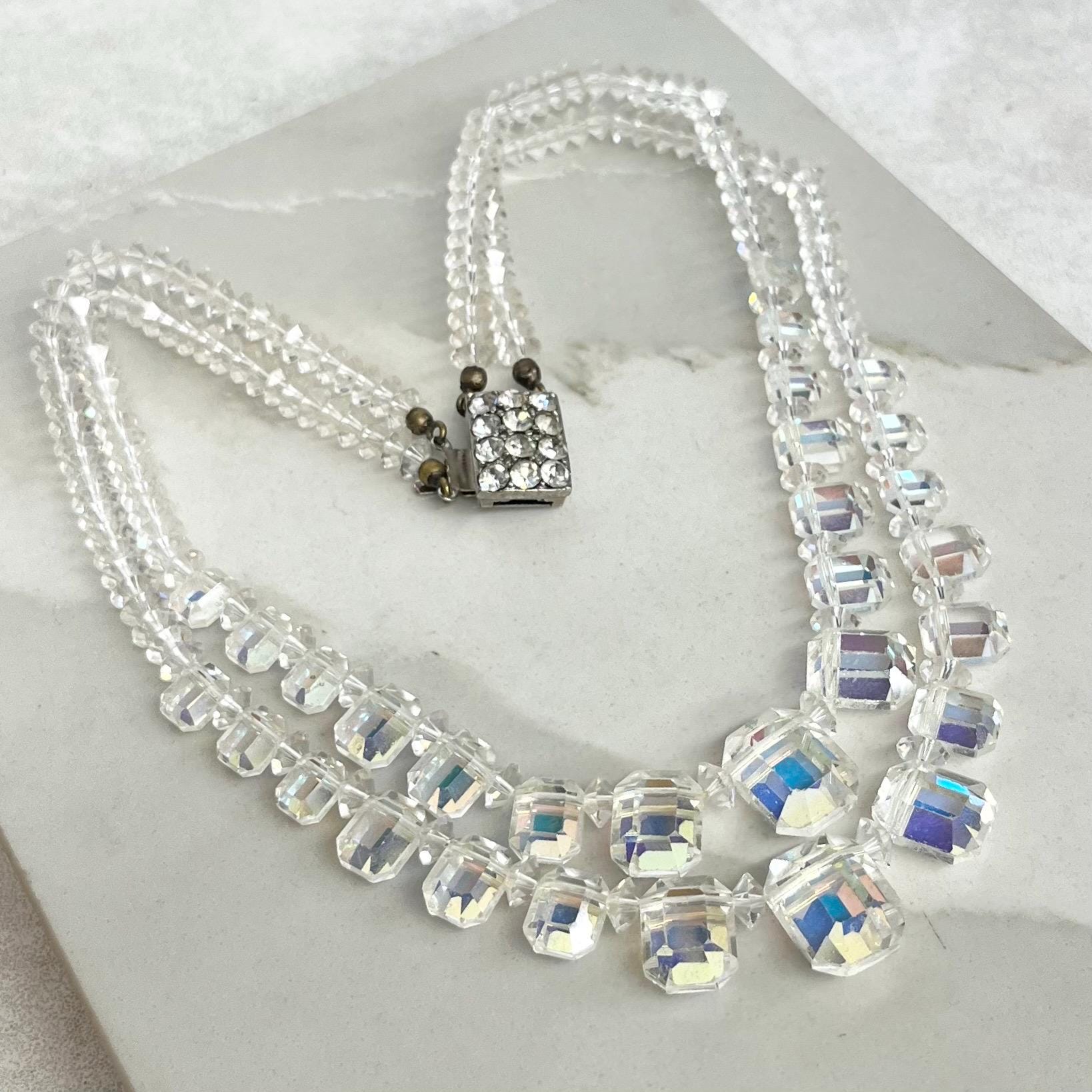 Vintage 1940’s Two Strand Crystal Bead Necklace : Aurora Borealis Draped Waterfall Design with Ornate Crystal Clasp MillyOliverVintage