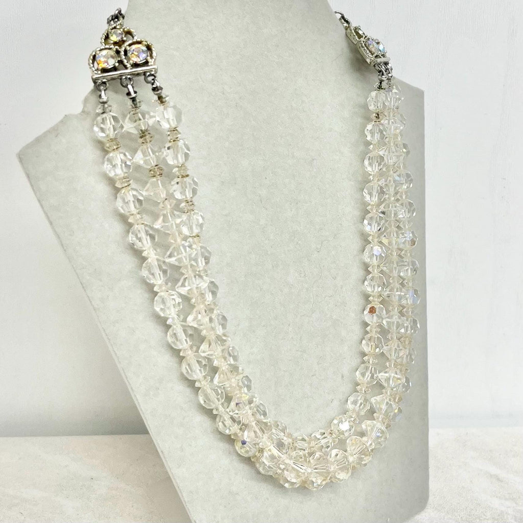 Vintage 1960’s Three Strand Crystal Bead Necklace : Aurora Borealis Draped Waterfall Design with Ornate Crystal Hook Clasp 14 - 17” MillyOliverVintage