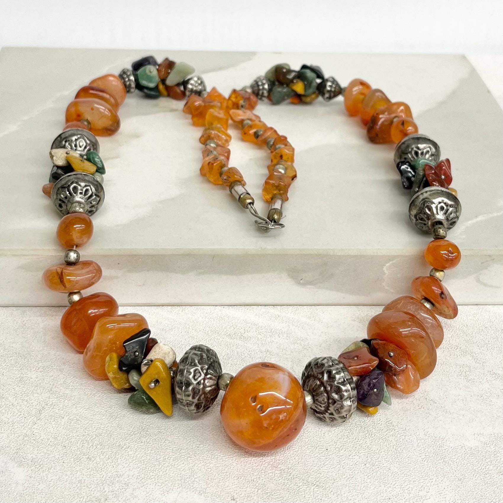 Vintage Ethnic Semi Precious Stone Bead Necklace : Chunky Design with Agate Aventurine Amethyst Carnelian and Jasper MillyOliverVintage
