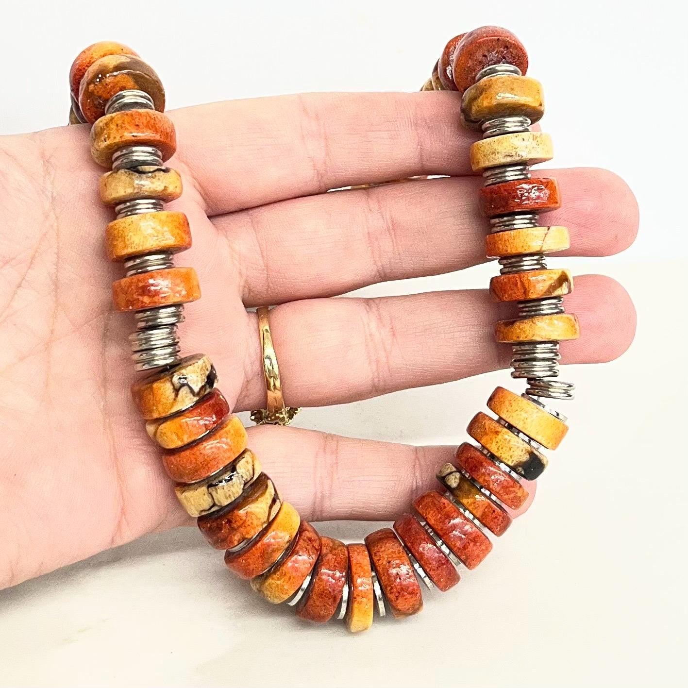 Rare Vintage Navajo Spiny Oyster Shell Necklace : Chunky Rondelle Beads with a Sterling Silver Hook Clasp and Accent Beads MillyOliverVintage
