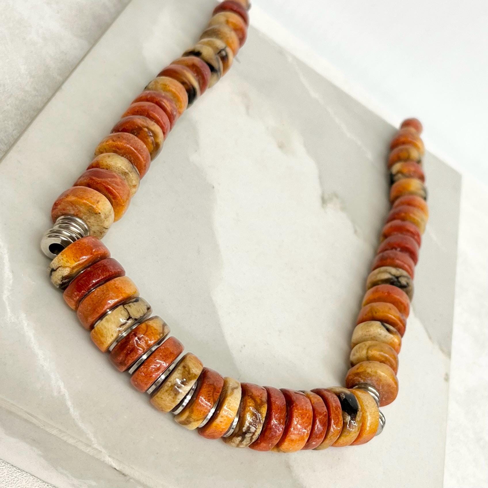 Rare Vintage Navajo Spiny Oyster Shell Necklace : Chunky Rondelle Beads with a Sterling Silver Hook Clasp and Accent Beads MillyOliverVintage
