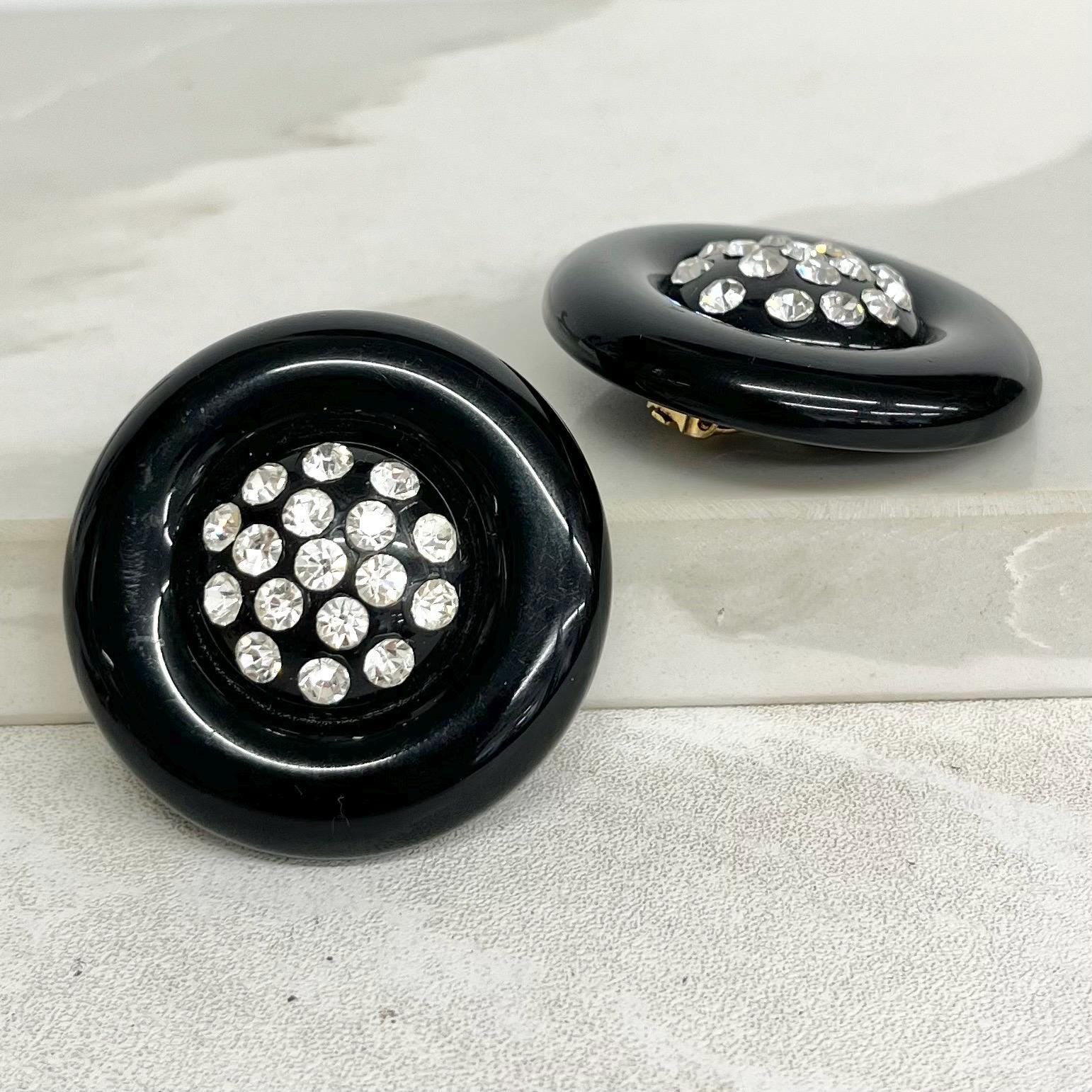 Vintage Large Round Black Statement Clip On Earrings with Crystal Diamante Accents : Over Sized Earrings MillyOliverVintage
