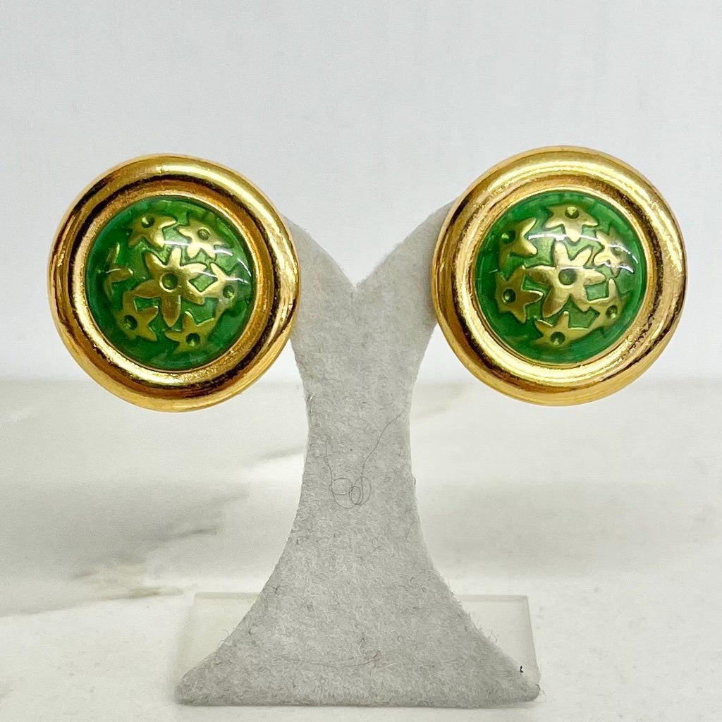 Vintage Gold Tone Clip on Earrings 1980’s - 1990’s with Green Floral Enamelled Centres MillyOliverVintage