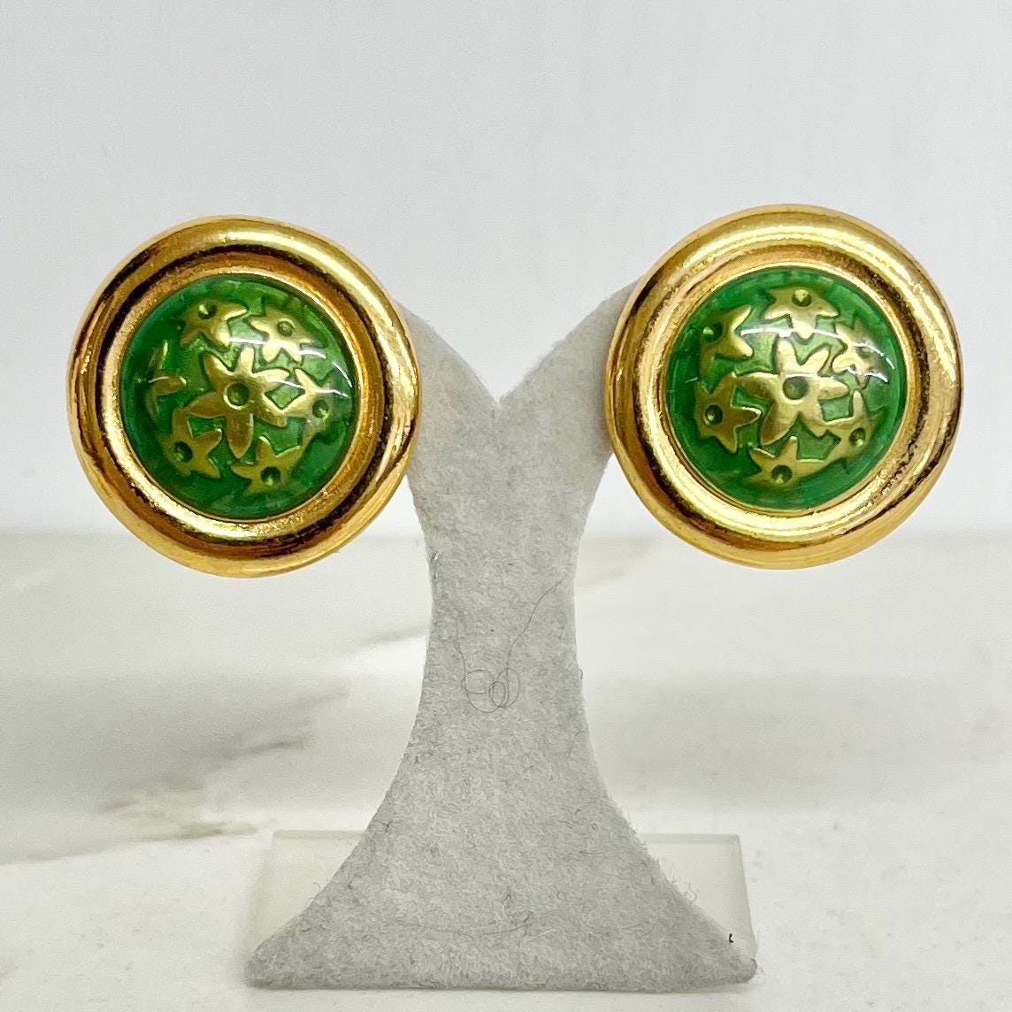 Vintage Gold Tone Clip on Earrings 1980’s - 1990’s with Green Floral Enamelled Centres MillyOliverVintage