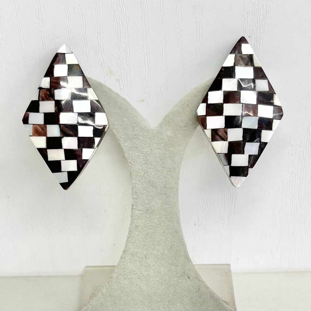 Mother of Pearl Abalone Shell Clip on Earrings Vintage 1980’s - 1990’s with a Diagonal Diamond Checkerboard Pattern MillyOliverVintage