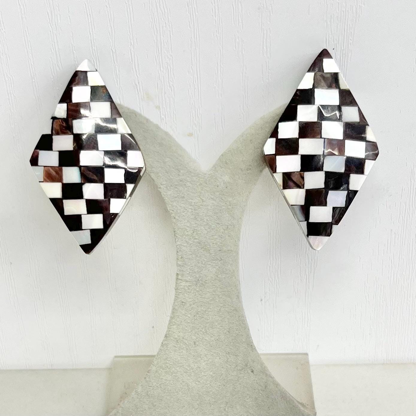 Mother of Pearl Abalone Shell Clip on Earrings Vintage 1980’s - 1990’s with a Diagonal Diamond Checkerboard Pattern MillyOliverVintage