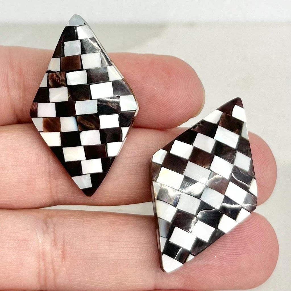 Mother of Pearl Abalone Shell Clip on Earrings Vintage 1980’s - 1990’s with a Diagonal Diamond Checkerboard Pattern MillyOliverVintage
