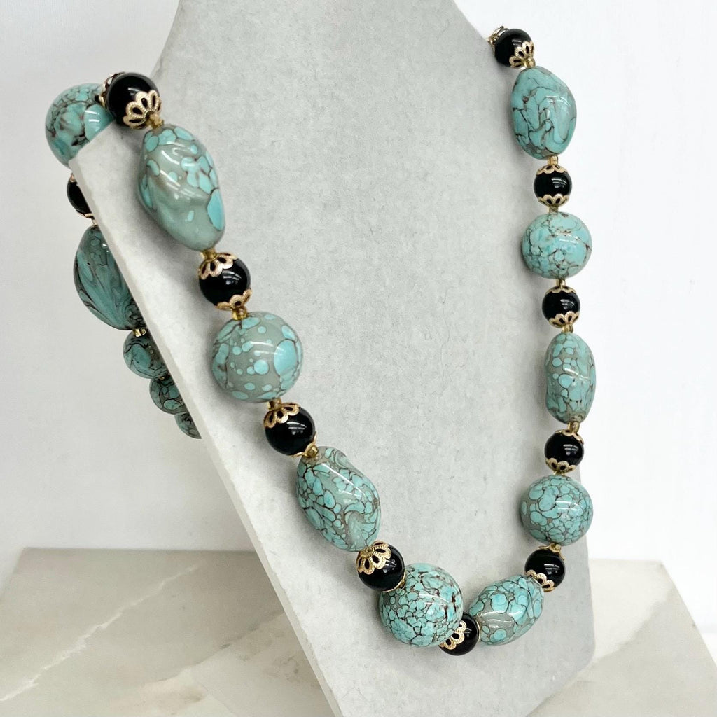 Vintage Turquoise Blue Plastic Chunky Beaded Necklace 22” Long Made in Hong Kong MillyOliverVintage