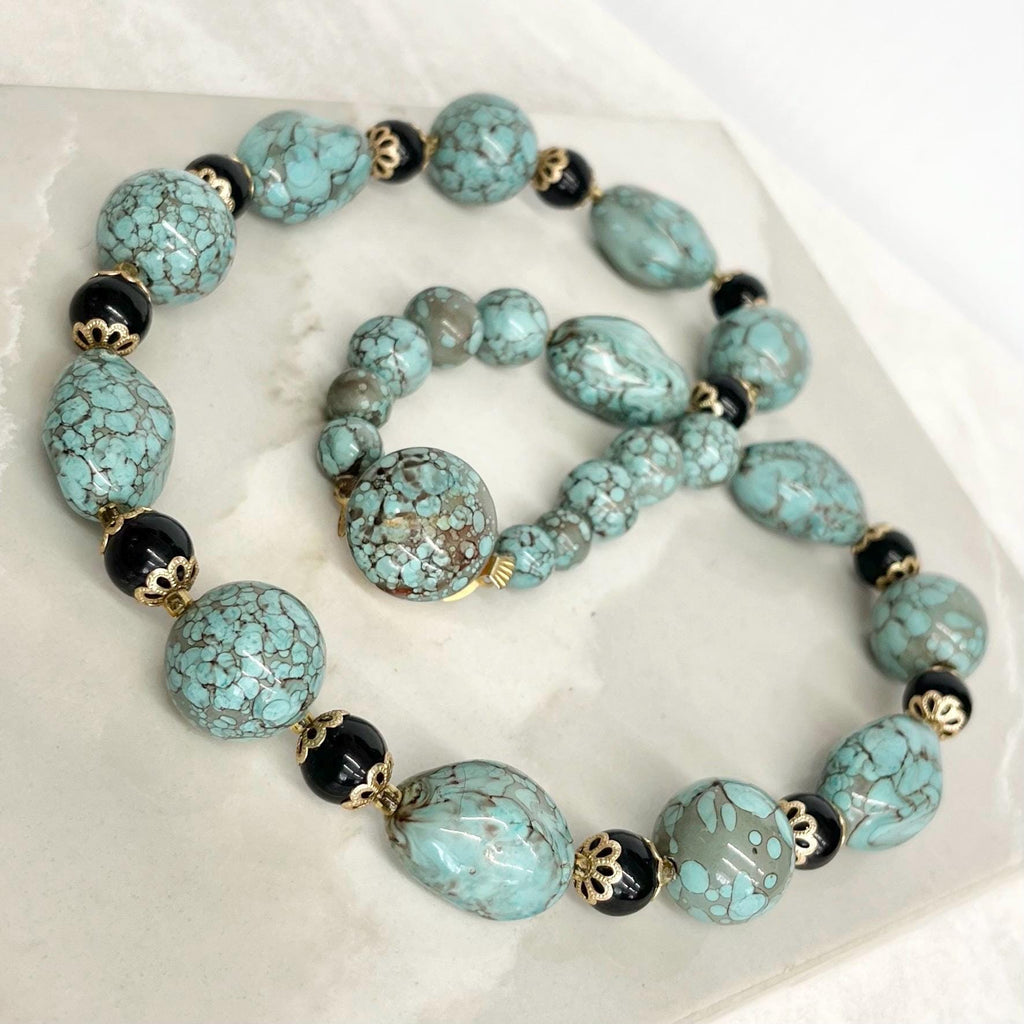 Vintage Turquoise Blue Plastic Chunky Beaded Necklace 22” Long Made in Hong Kong MillyOliverVintage