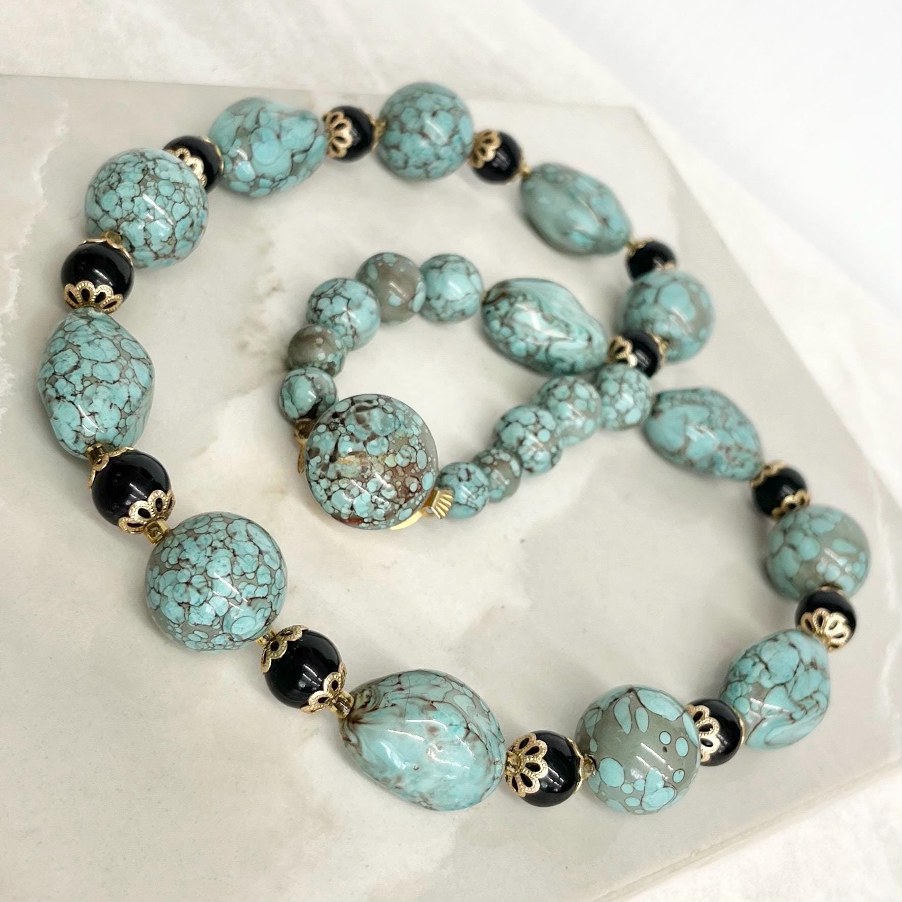 Vintage Turquoise Blue Plastic Chunky Beaded Necklace 22” Long Made in Hong Kong MillyOliverVintage
